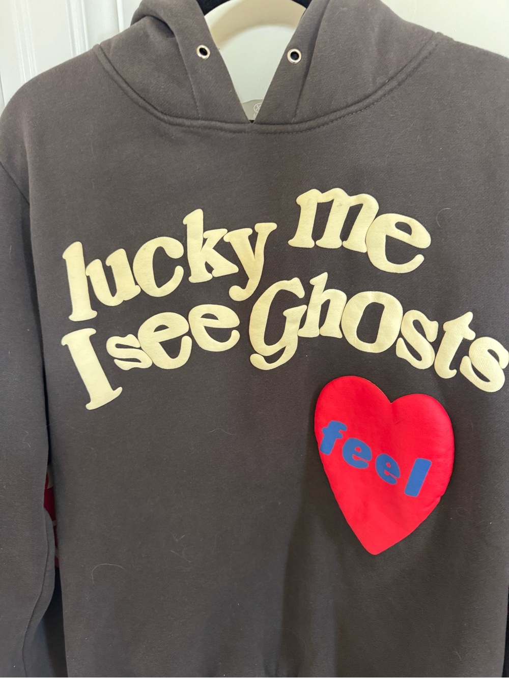 LONELY GHOST Black Hoodie with Cream Lettering, Red Heart & Teal Sleeve Accent - Picture 2 of 7